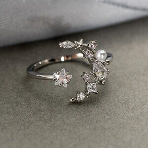 Shiny Star Moon Design Silver Rose Gold Plated CZ Ring for Women, HA4420
